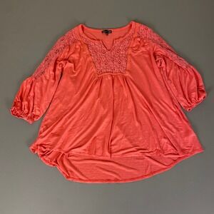 RXB  Tunic Top Women's‎ Plus 1X Coral Lace Trim V Neck 3/4 Sleeve High Low Hem